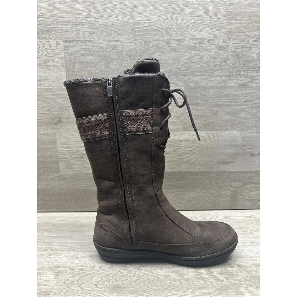 TEVA‎ Kiru Brown Nubuck Leather  Fleece Lined Mid Calf Boots Decorative Woven 8